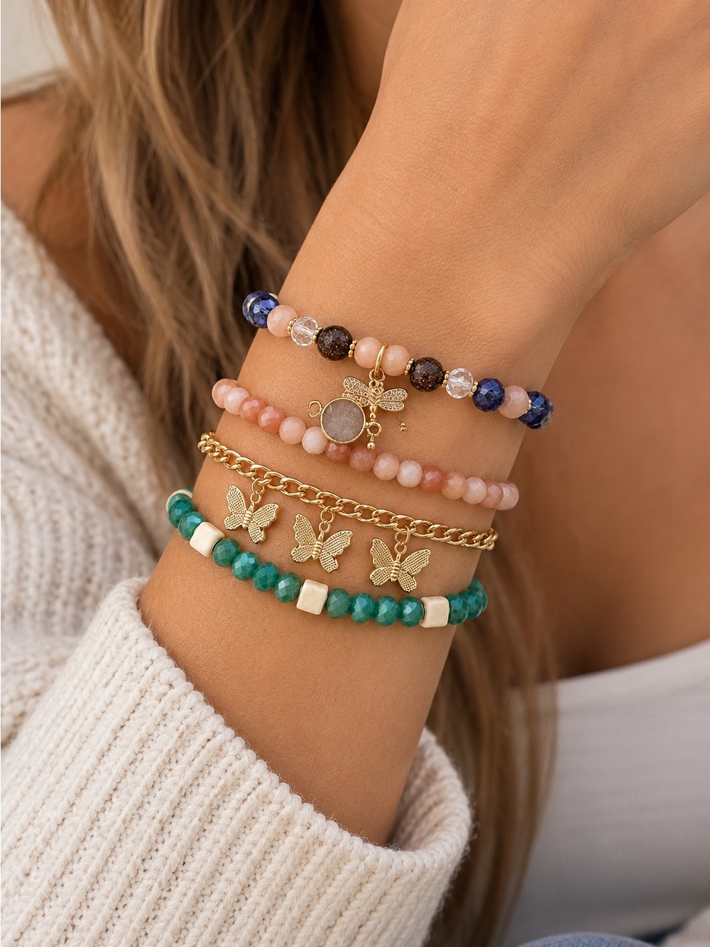 Stacked Gold Butterfly & Gemstone Bracelet Set • BRAND NEW